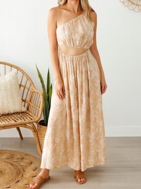 Abercrombie & Fitch One-Shoulder Cutout Midi Dress in Tan Floral size LT